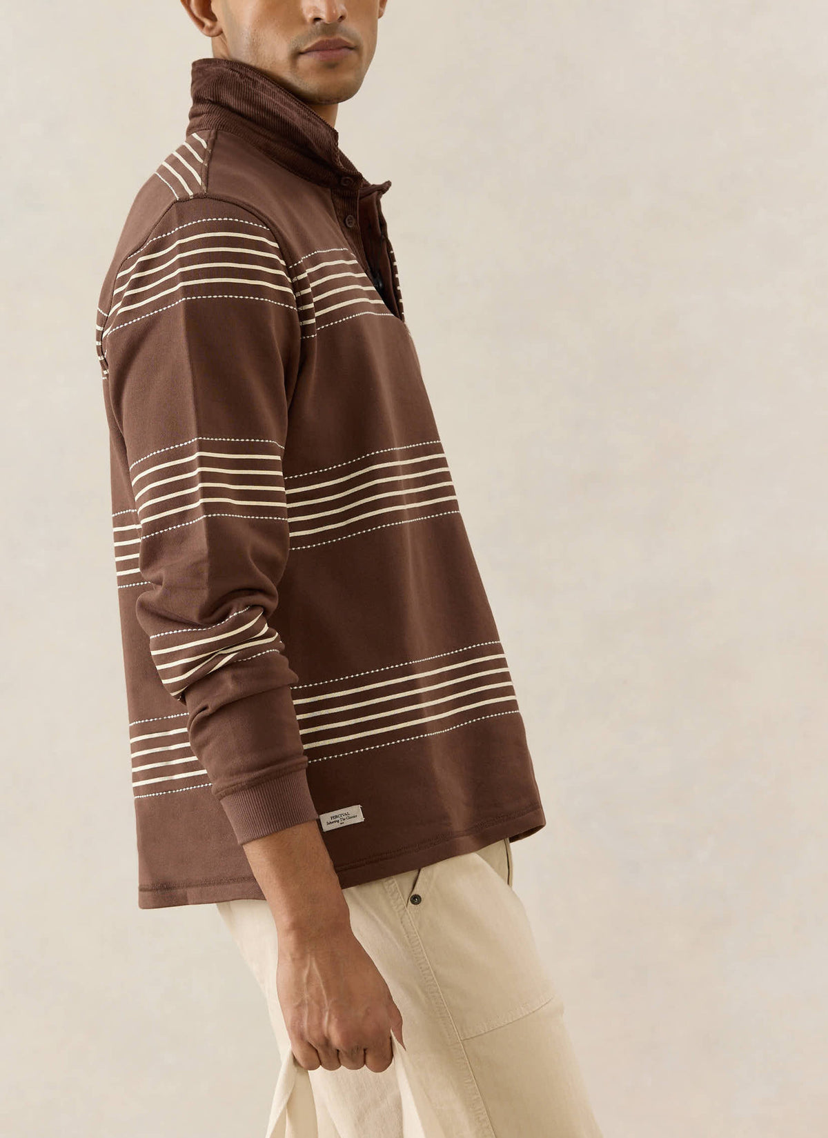 Men's Long Sleeve Rugby Polo Shirt - Cotton - Brown Stripe | Percival