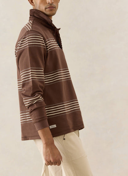 Men's Long Sleeve Rugby Polo Shirt - Cotton - Brown Stripe | Percival