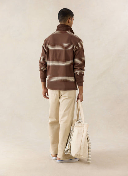 Men's Long Sleeve Rugby Polo Shirt - Cotton - Brown Stripe | Percival