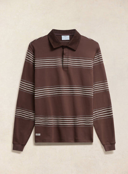 Men's Long Sleeve Rugby Polo Shirt - Cotton - Brown Stripe | Percival