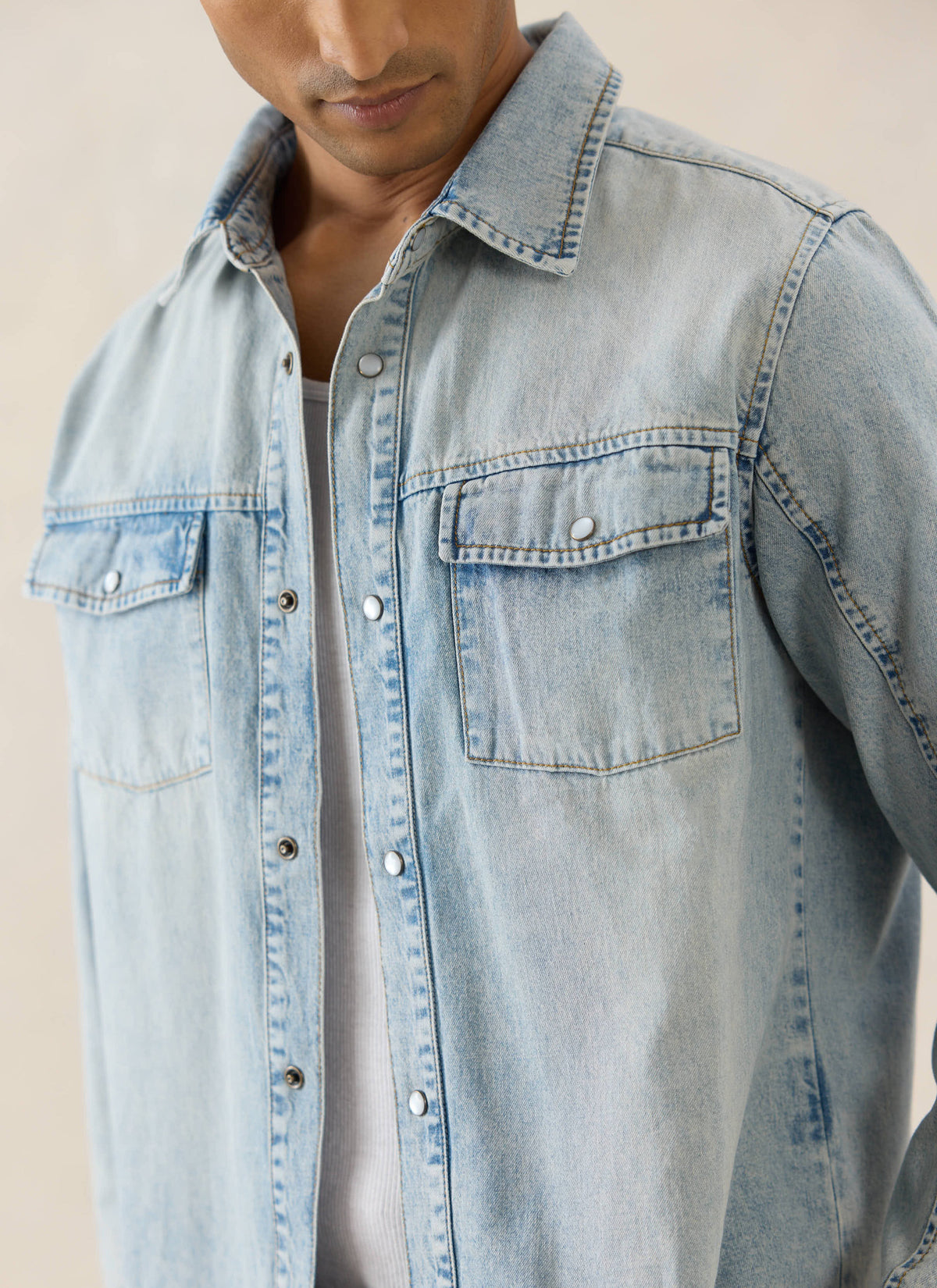 Men's Denim Western Shirt - Cotton - Stone Wash | Percival