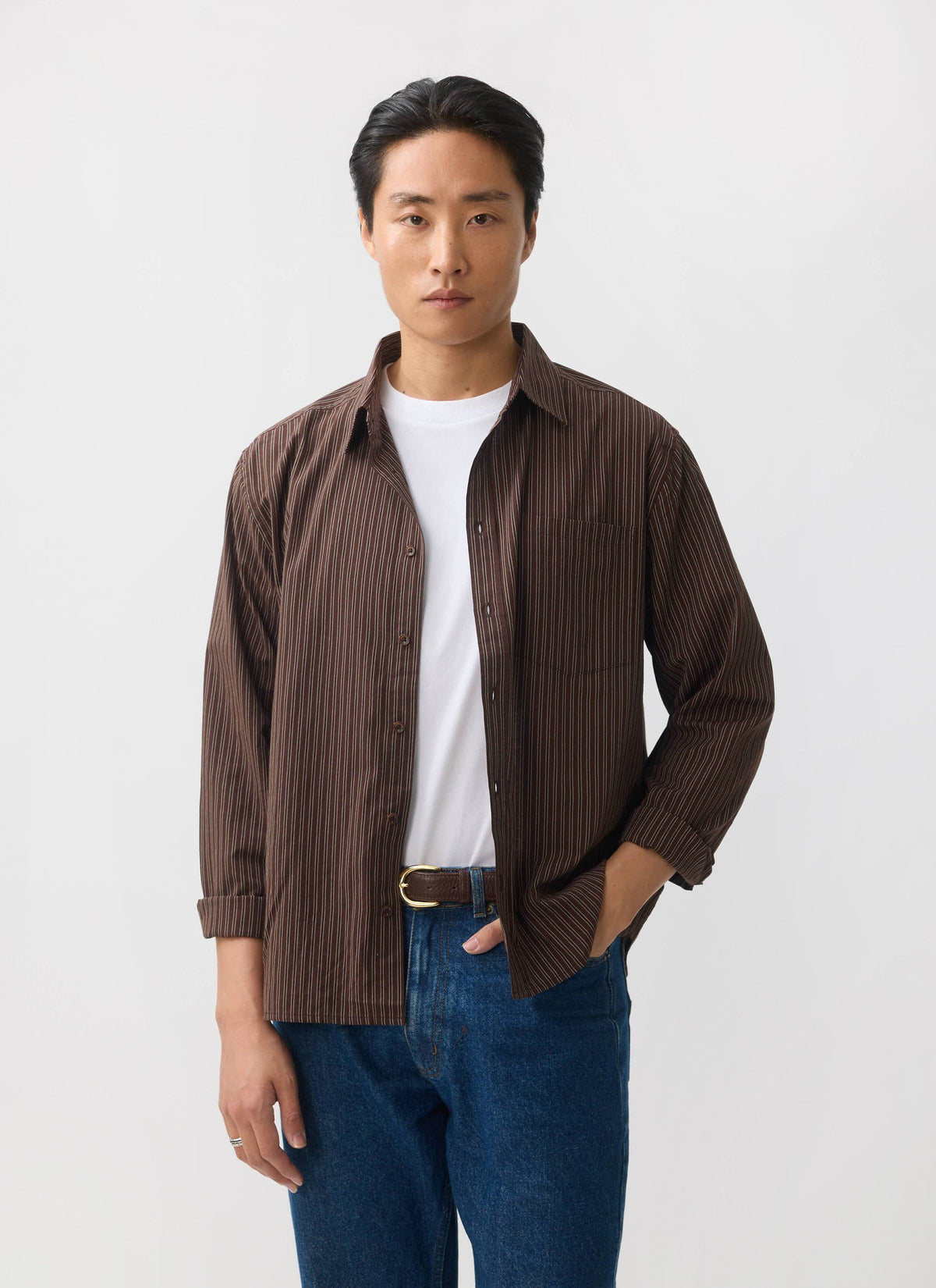 Clancy Striped Long Sleeve Shirt - Cotton - Brown | Percival