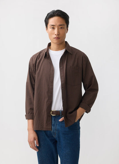 Clancy Striped Long Sleeve Shirt - Cotton - Brown | Percival