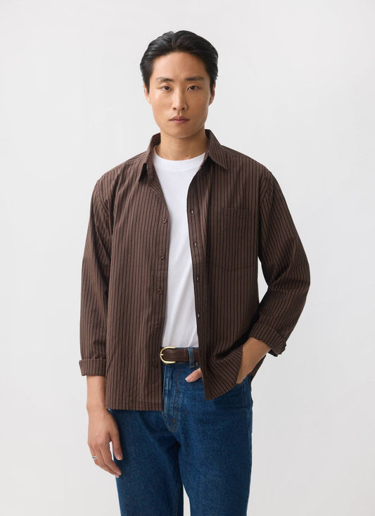 Clancy Striped Long Sleeve Shirt - Cotton - Brown | Percival