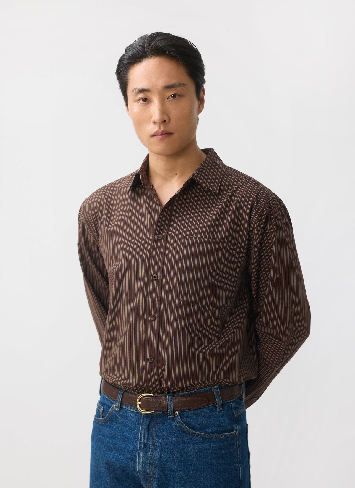 Clancy Striped Long Sleeve Shirt - Cotton - Brown | Percival
