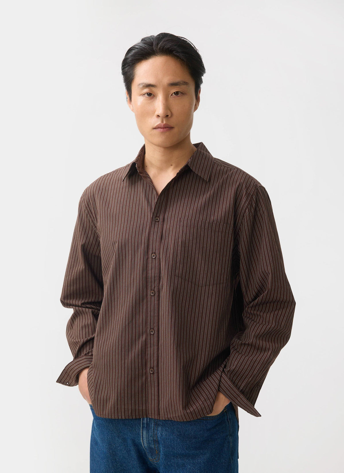 Clancy Striped Long Sleeve Shirt - Cotton - Brown | Percival