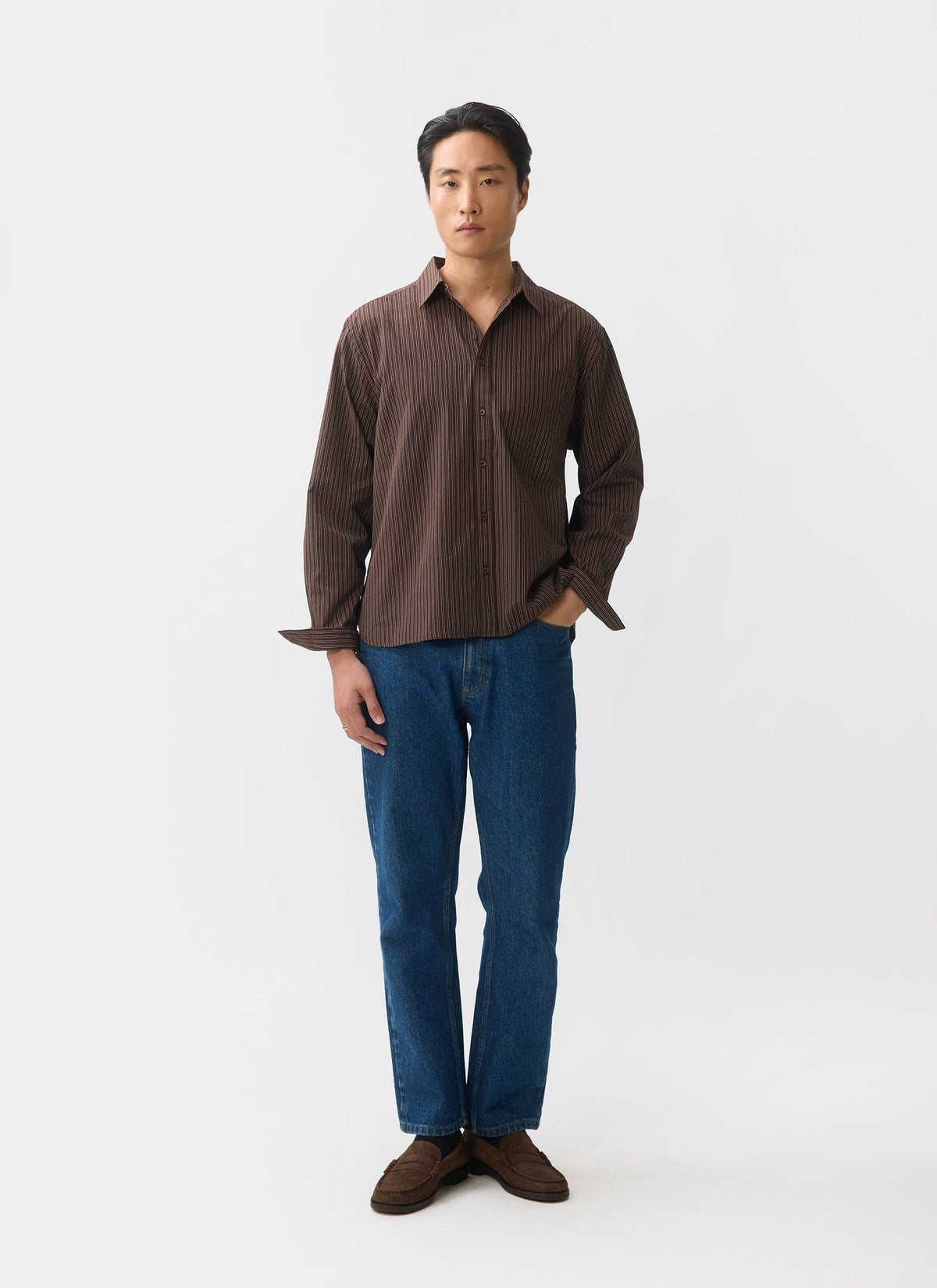 Clancy Striped Long Sleeve Shirt - Cotton - Brown | Percival