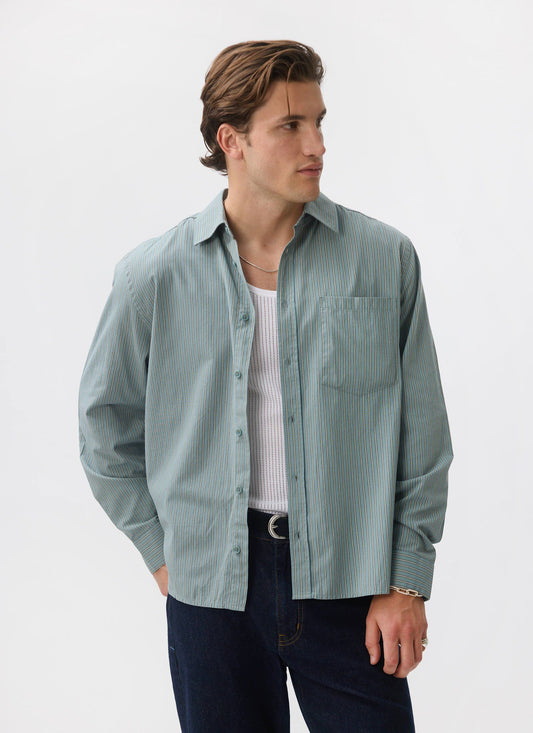 Clancy Striped Long Sleeve Shirt - Cotton - Blue | Percival