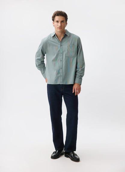 Clancy Striped Long Sleeve Shirt - Cotton - Blue | Percival