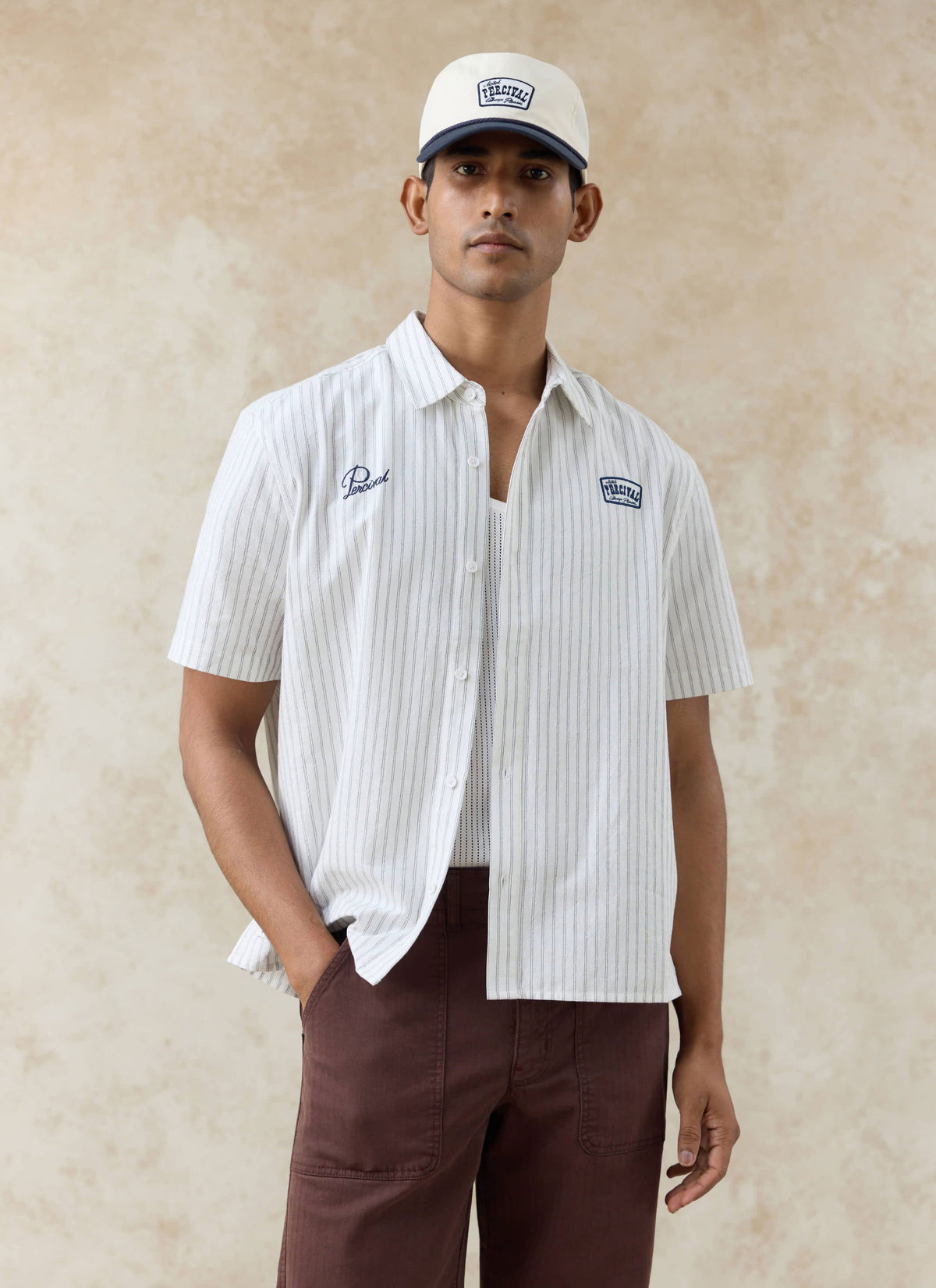 Men's Embroidered Shirt: Lucia - Cotton - Cream Stripe | Percival