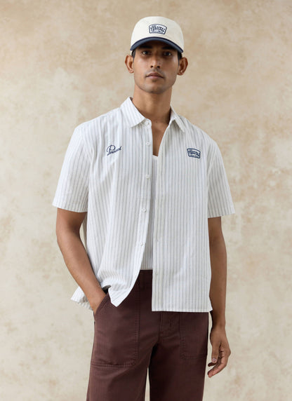 Men's Embroidered Shirt: Lucia - Cotton - Cream Stripe | Percival