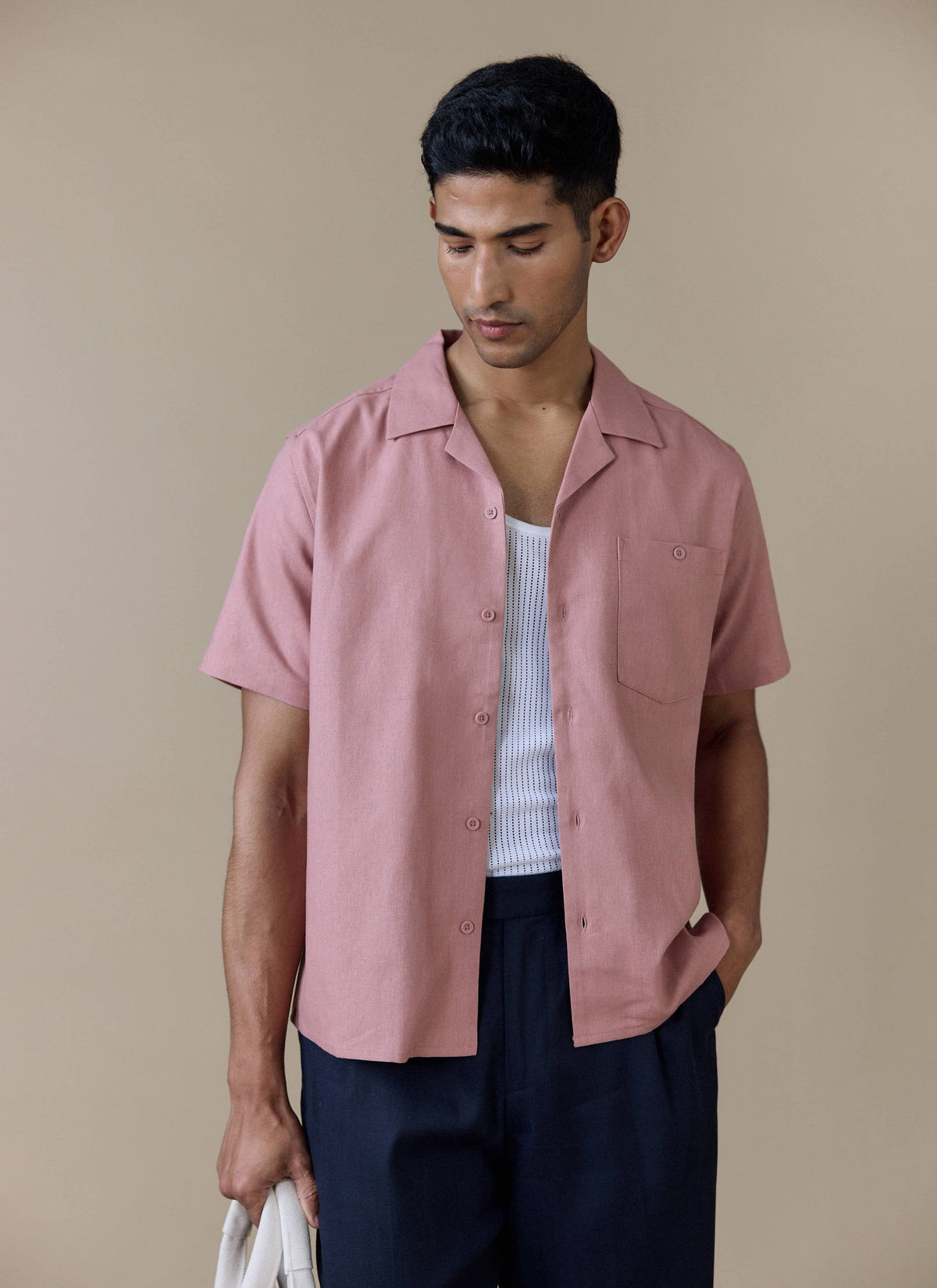 Men's Short Sleeve Cuban Shirt - Linen Blend - Dusty Pink | Percival