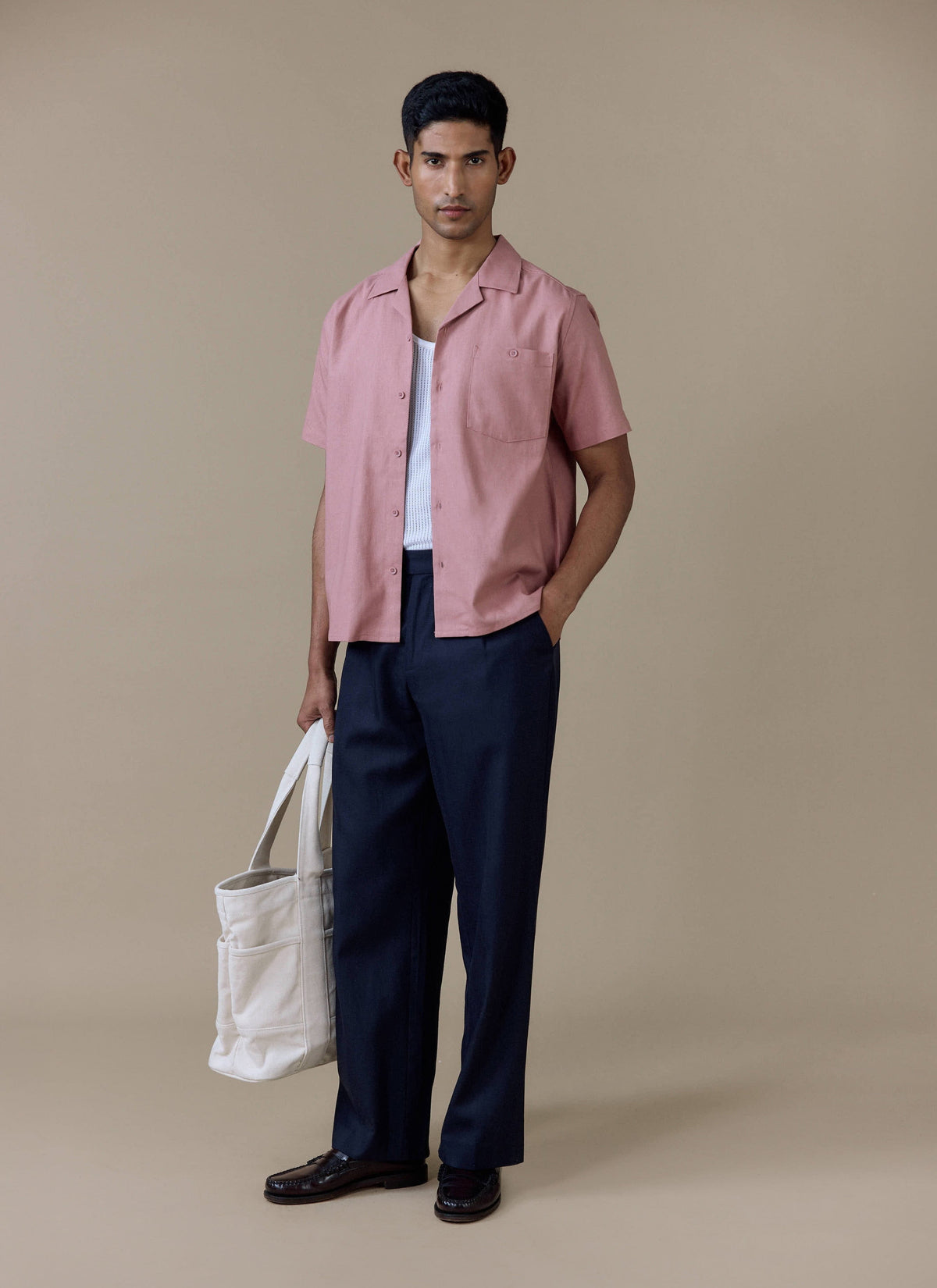Men's Short Sleeve Cuban Shirt - Linen Blend - Dusty Pink | Percival