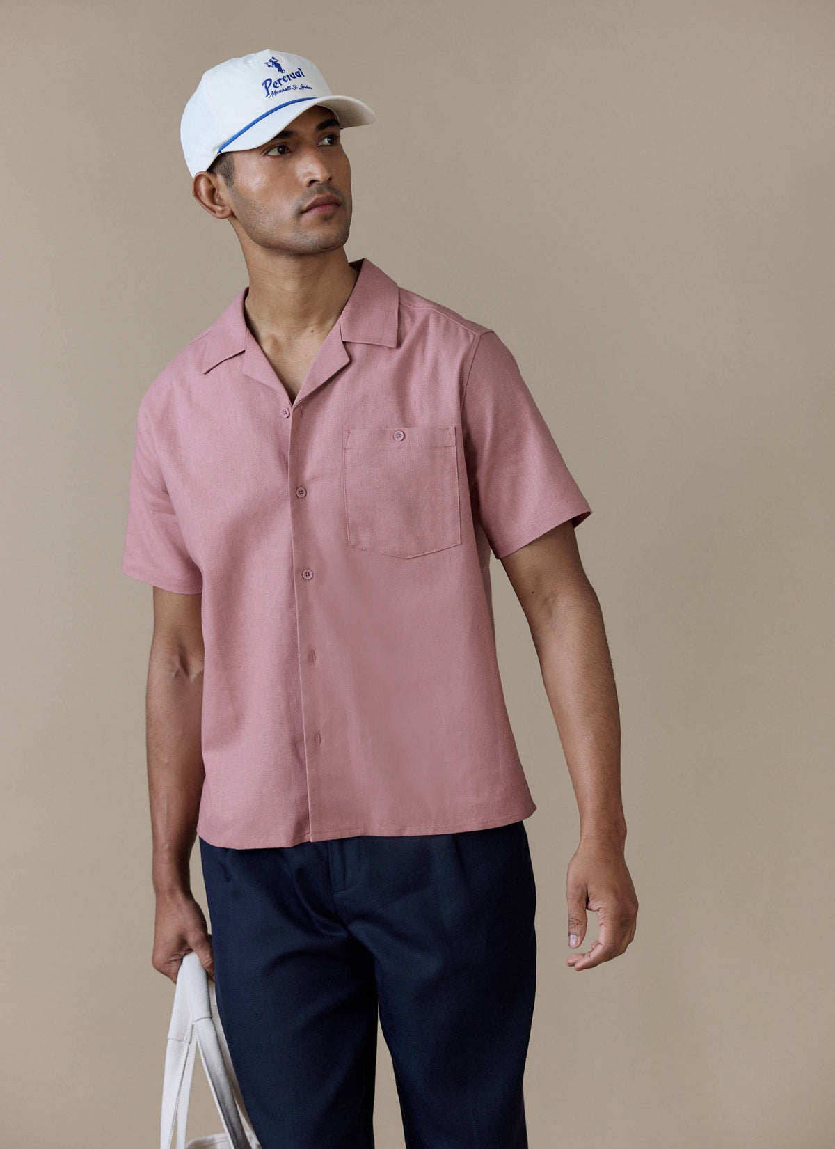 Men's Short Sleeve Cuban Shirt - Linen Blend - Dusty Pink | Percival