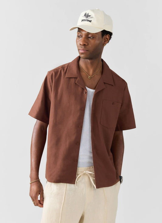 Men's Cuban Collar Shirt - Linen - Brown | Percival