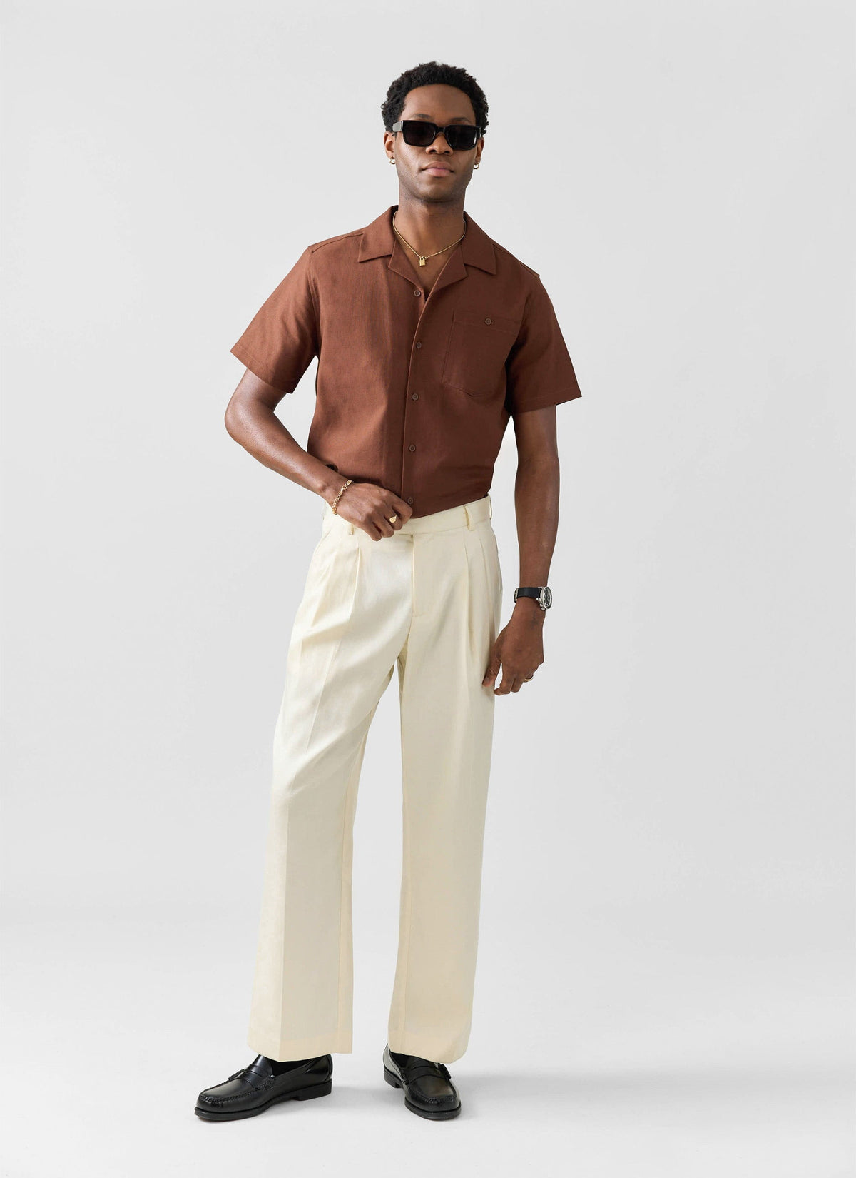 Men's Cuban Collar Shirt - Linen - Brown | Percival