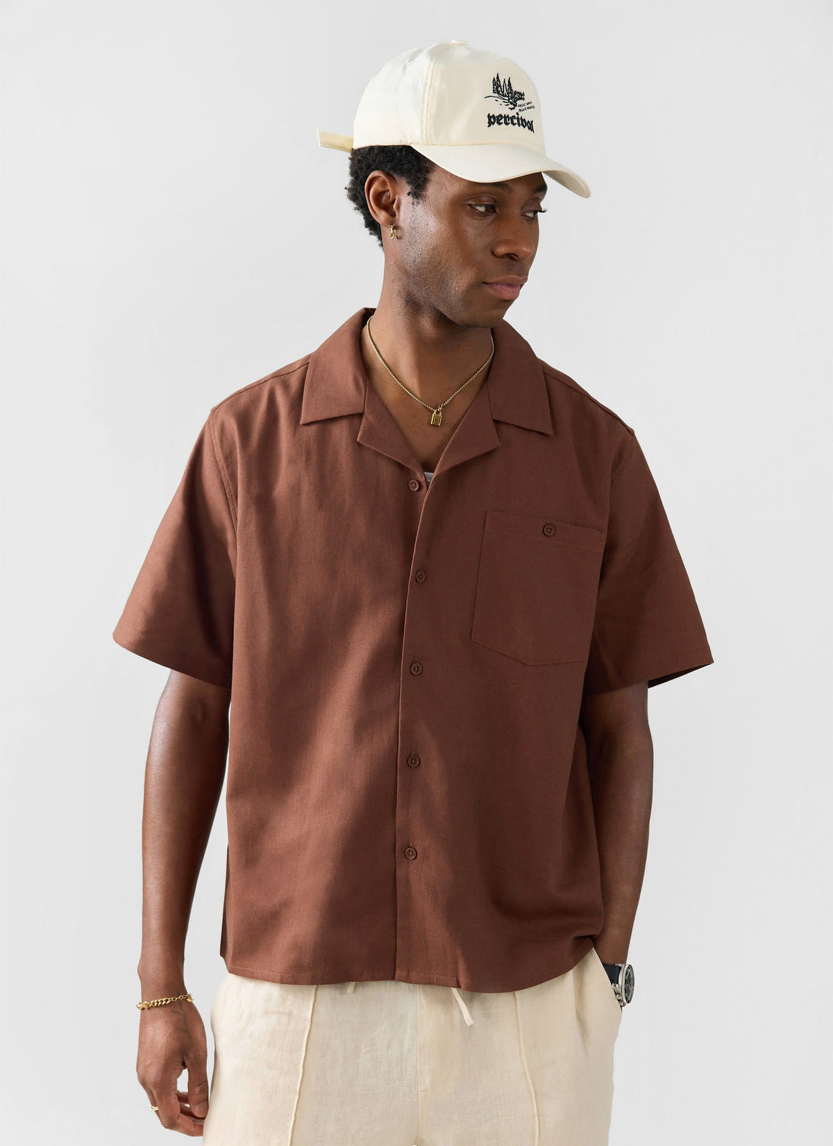 Men's Cuban Collar Shirt - Linen - Brown | Percival
