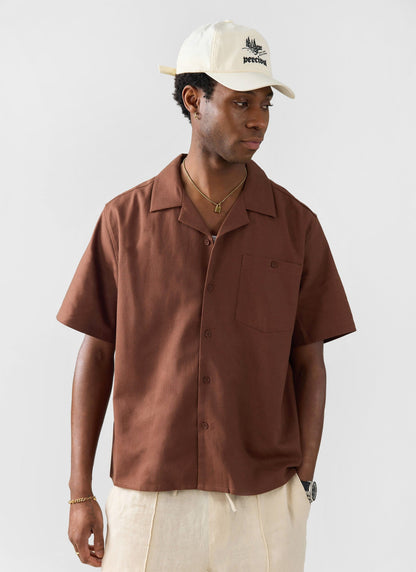 Men's Cuban Collar Shirt - Linen - Brown | Percival