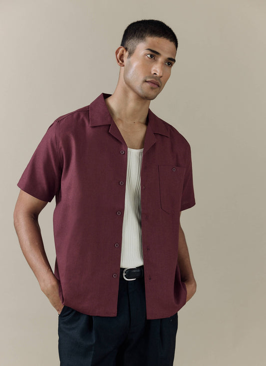 Men's Short Sleeve Cuban Shirt - Linen Blend - Merlot | Percival