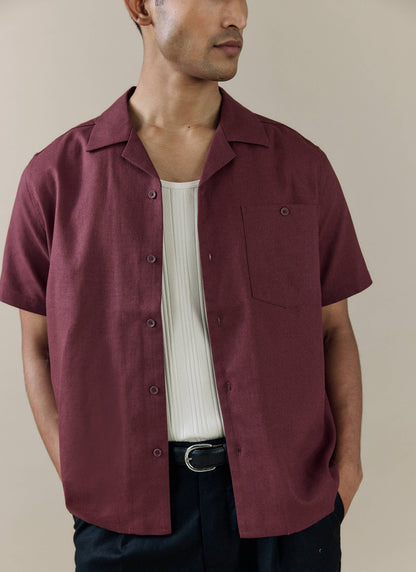 Men's Short Sleeve Cuban Shirt - Linen Blend - Merlot | Percival