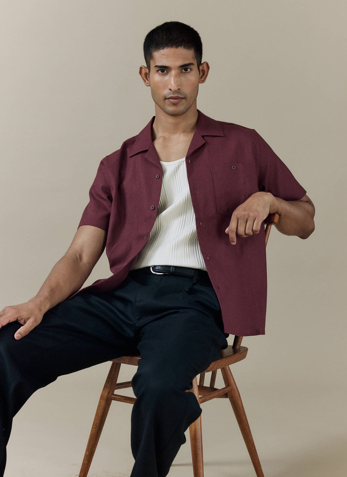 Men's Short Sleeve Cuban Shirt - Linen Blend - Merlot | Percival