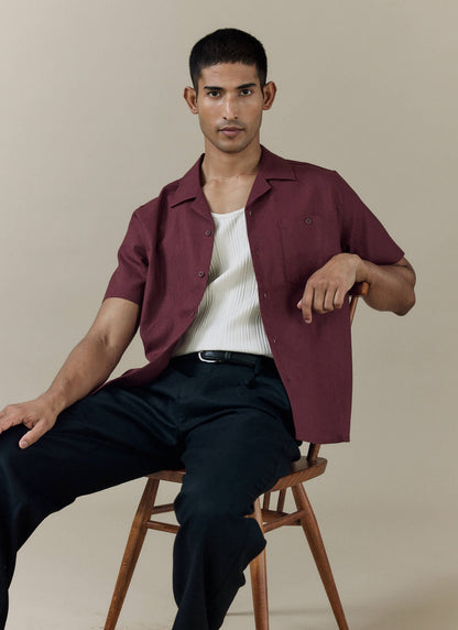 Men's Short Sleeve Cuban Shirt - Linen Blend - Merlot | Percival