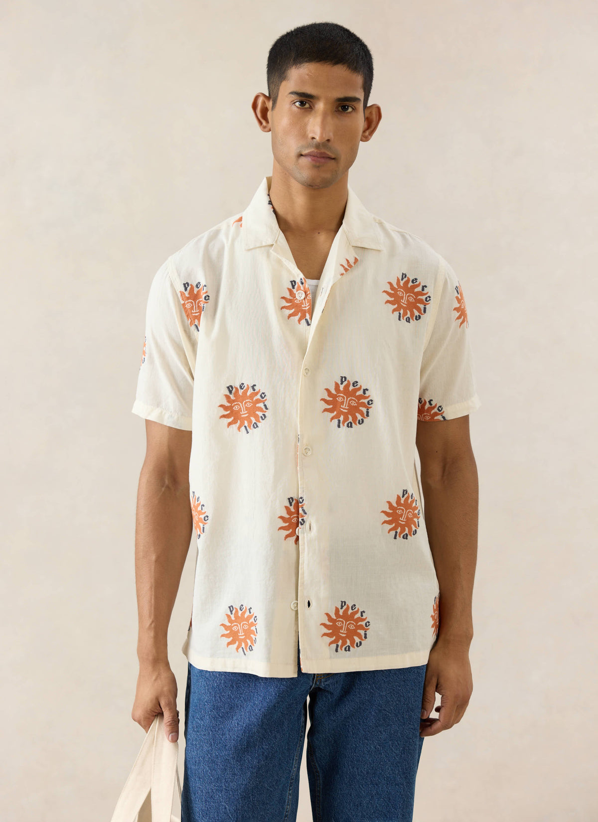 Men's Sun Cuban Shirt - Cream and Orange - 100% Cotton | Percival