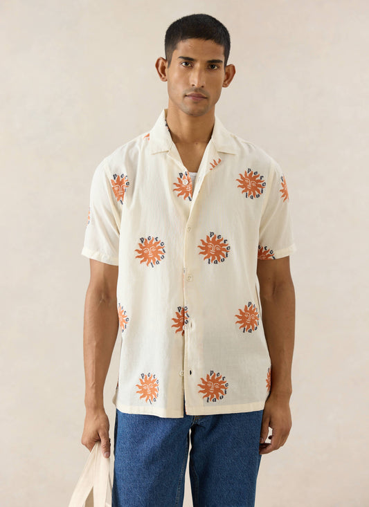 Men's Sun Cuban Shirt - Cream and Orange - 100% Cotton | Percival