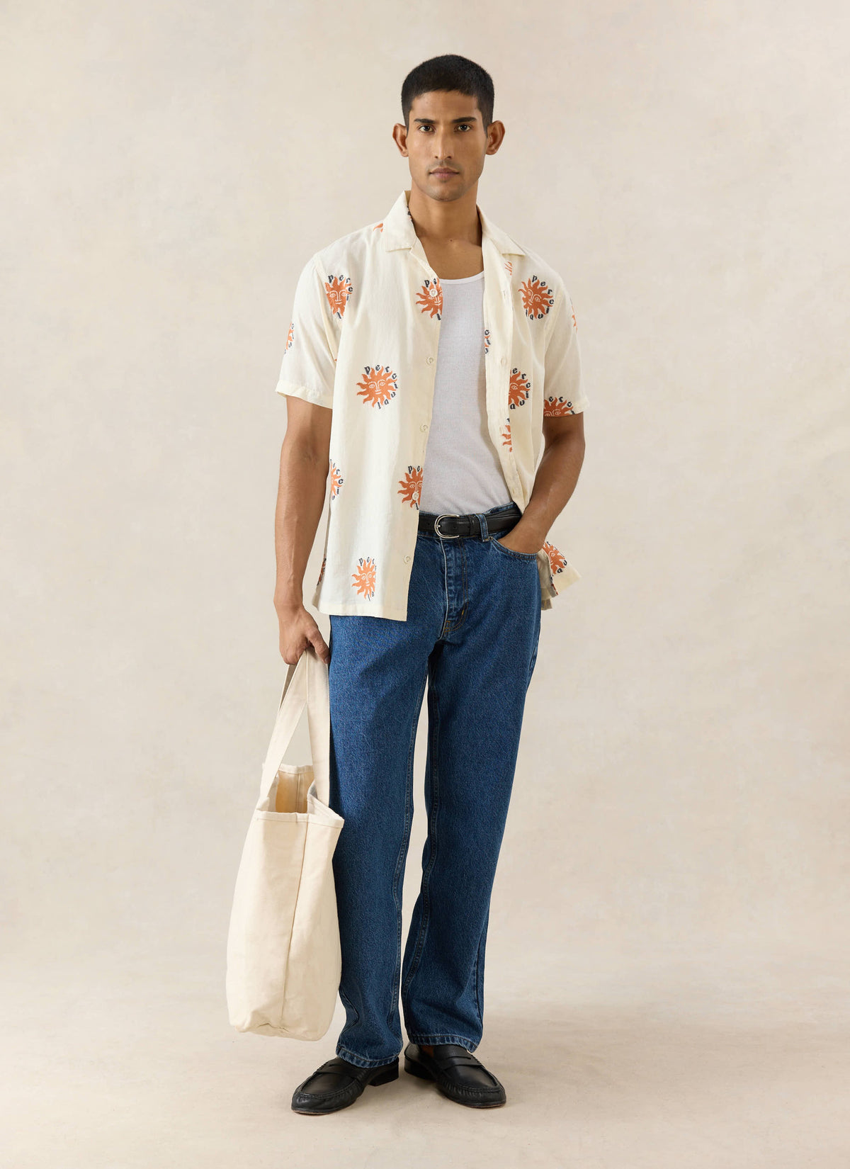 Men's Sun Cuban Shirt - Cream and Orange - 100% Cotton | Percival