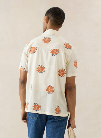 Men's Sun Cuban Shirt - Cream and Orange - 100% Cotton | Percival