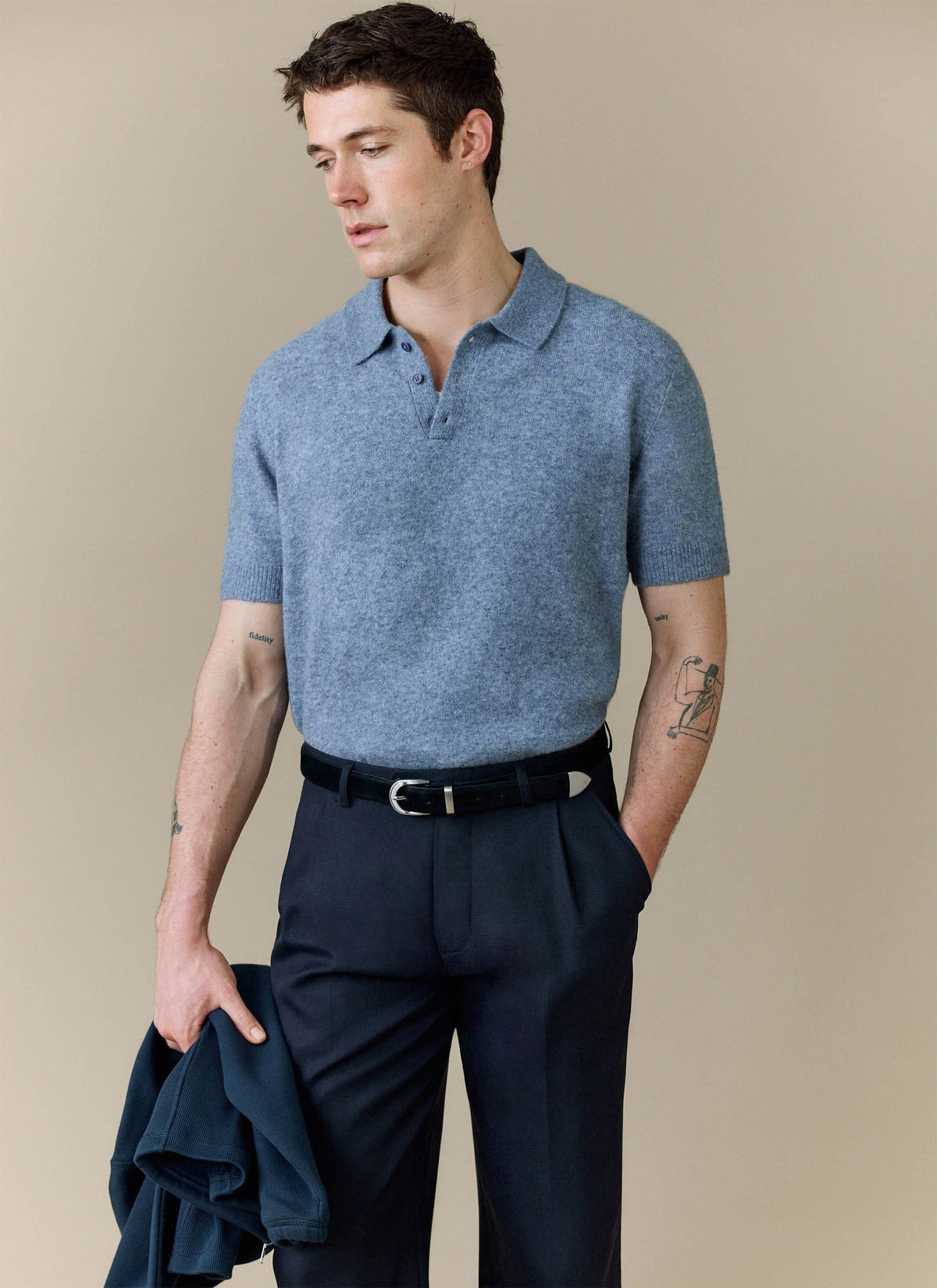 Men's Collins Knitted Polo Shirt - Blue - Yak & Wool | Percival