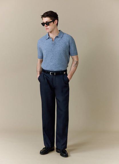 Men's Collins Knitted Polo Shirt - Blue - Yak & Wool | Percival