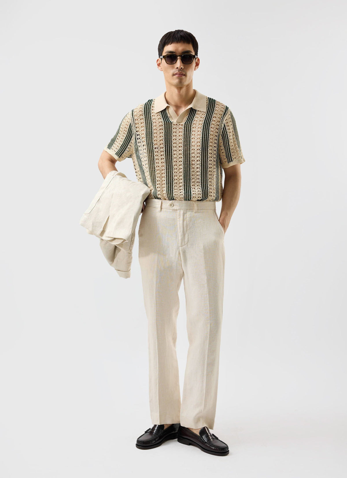 Men's Crochet Polo Shirt: Sarti - Ecru & Forest Green | Percival