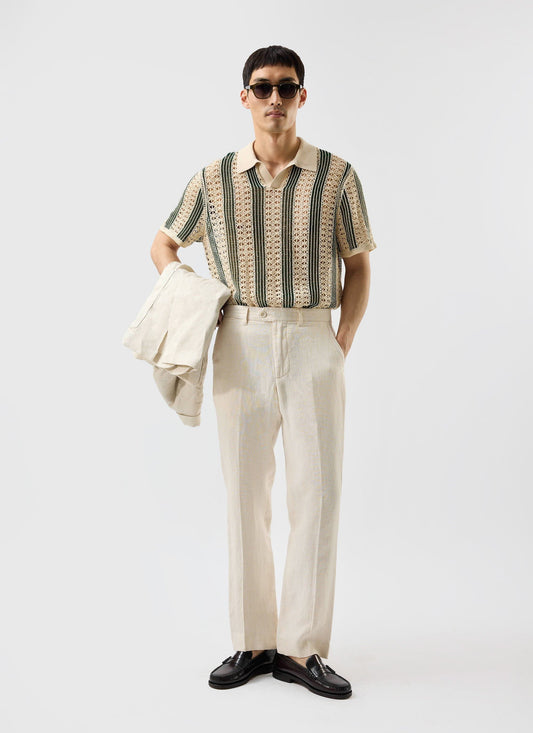 Men's Crochet Polo Shirt: Sarti - Ecru & Forest Green | Percival