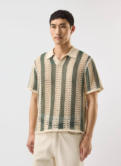 Men's Crochet Polo Shirt: Sarti - Ecru & Forest Green | Percival
