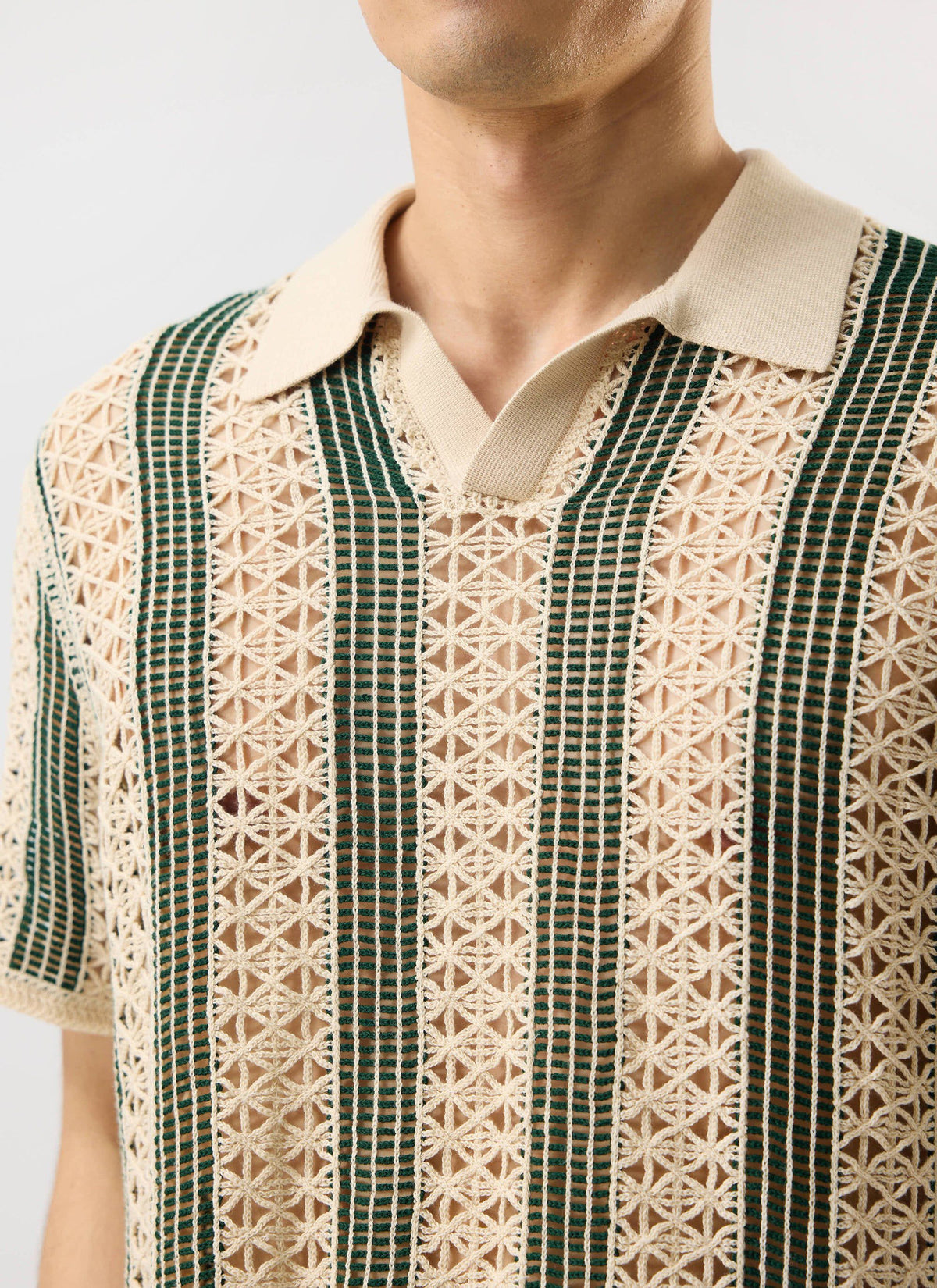 Men's Crochet Polo Shirt: Sarti - Ecru & Forest Green | Percival