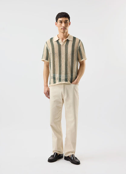 Men's Crochet Polo Shirt: Sarti - Ecru & Forest Green | Percival