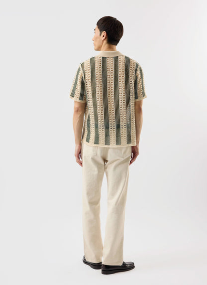 Men's Crochet Polo Shirt: Sarti - Ecru & Forest Green | Percival