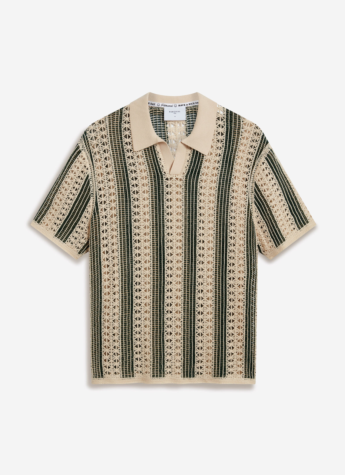 Men's Crochet Polo Shirt: Sarti - Ecru & Forest Green | Percival