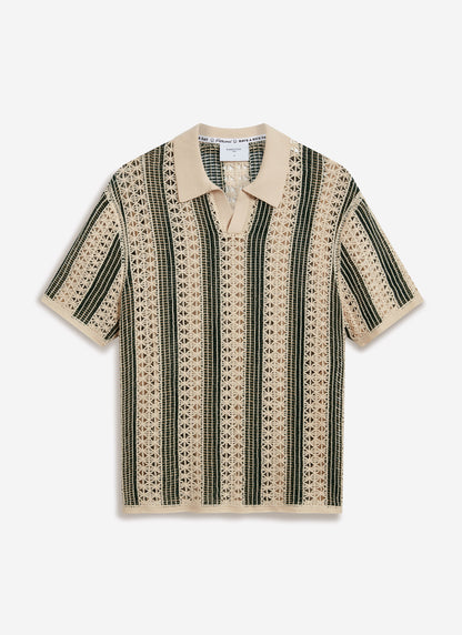 Men's Crochet Polo Shirt: Sarti - Ecru & Forest Green | Percival