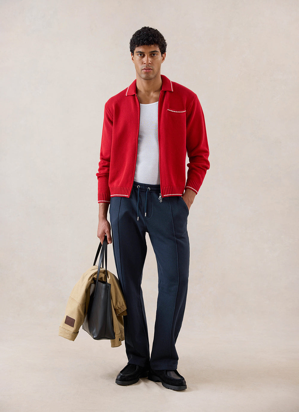 Men's Gardner Dense Knit Zip Cardigan - Red | Percival