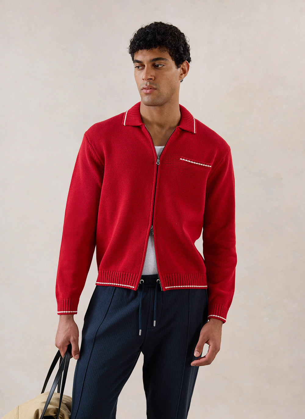 Men's Gardner Dense Knit Zip Cardigan - Red | Percival