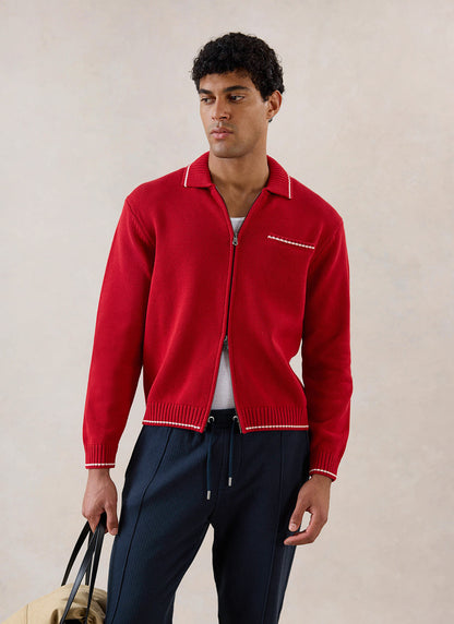 Men's Gardner Dense Knit Zip Cardigan - Red | Percival