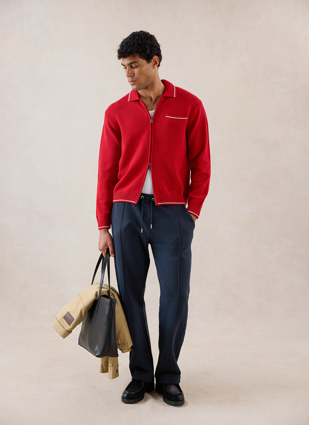 Men's Gardner Dense Knit Zip Cardigan - Red | Percival