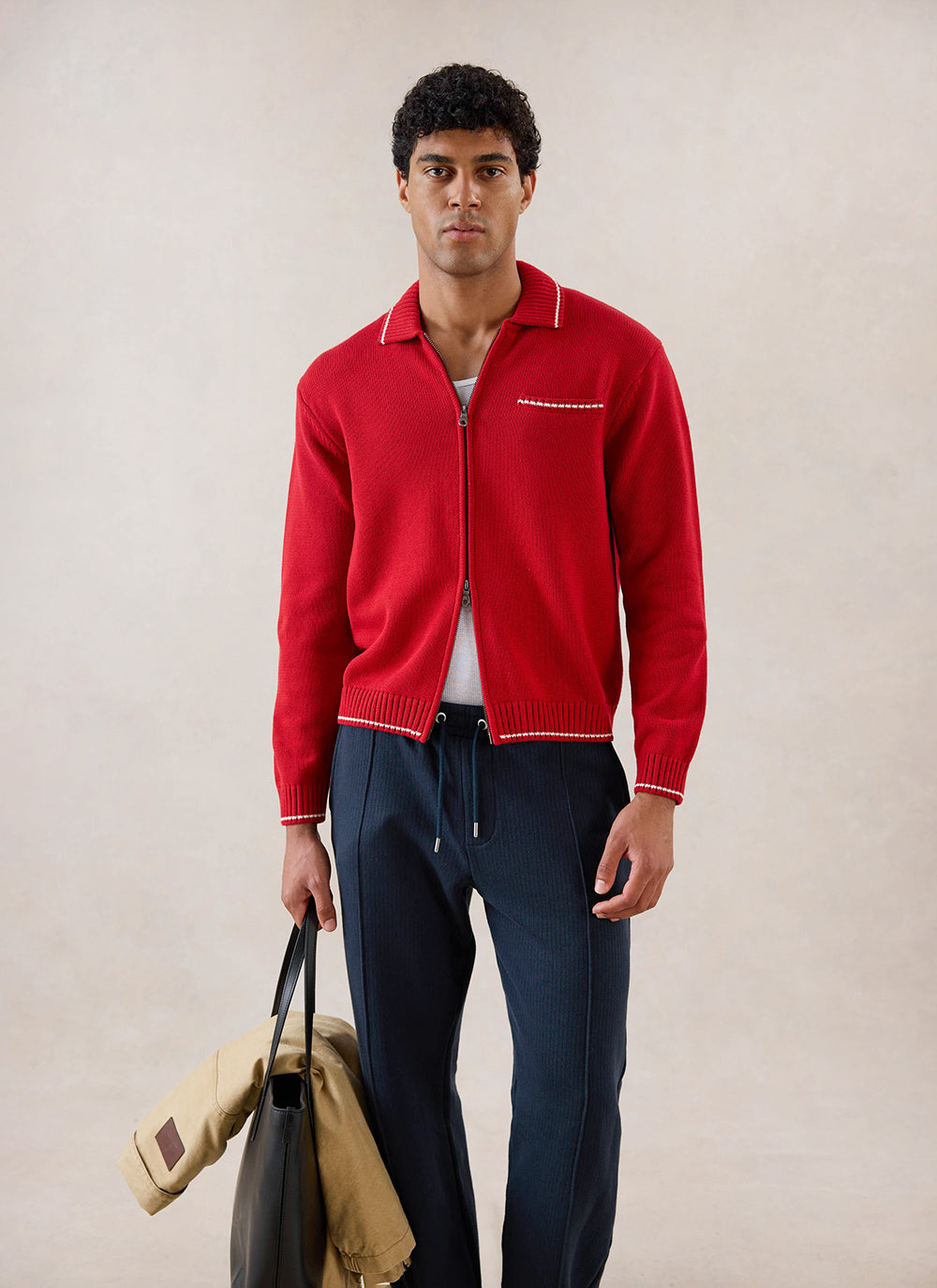 Men's Gardner Dense Knit Zip Cardigan - Red | Percival