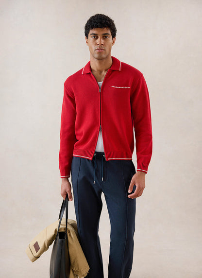 Men's Gardner Dense Knit Zip Cardigan - Red | Percival