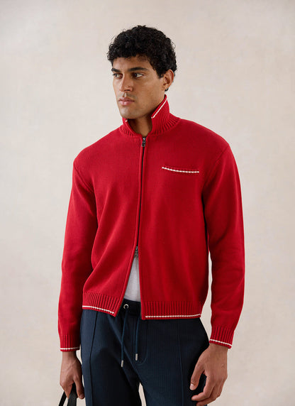 Men's Gardner Dense Knit Zip Cardigan - Red | Percival