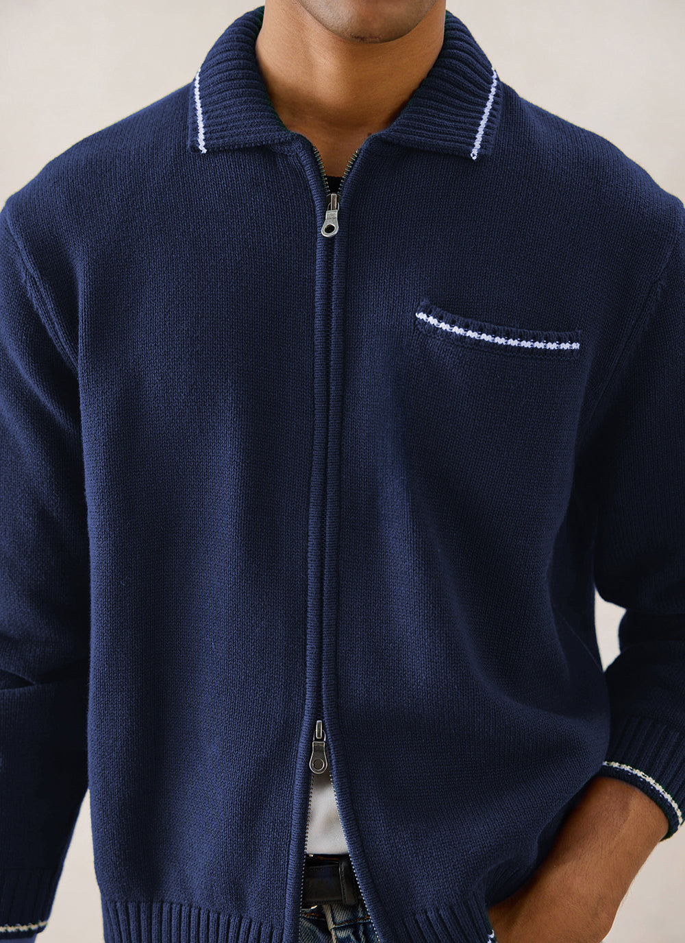 Gardner Cotton Zip Cardigan - Navy Blue | Percival