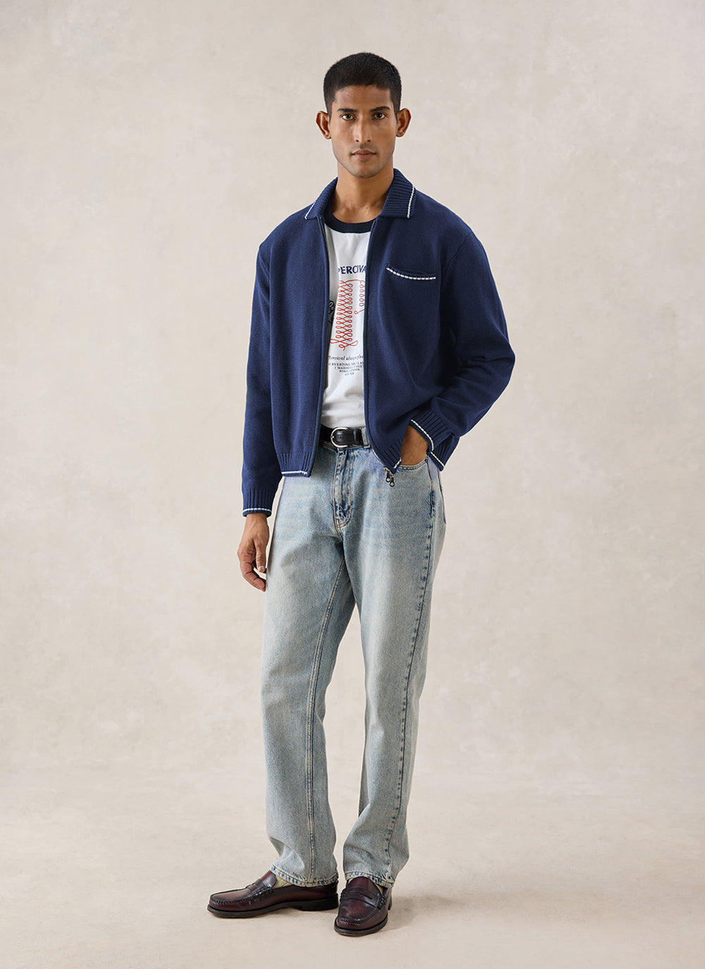 Gardner Cotton Zip Cardigan - Navy Blue | Percival