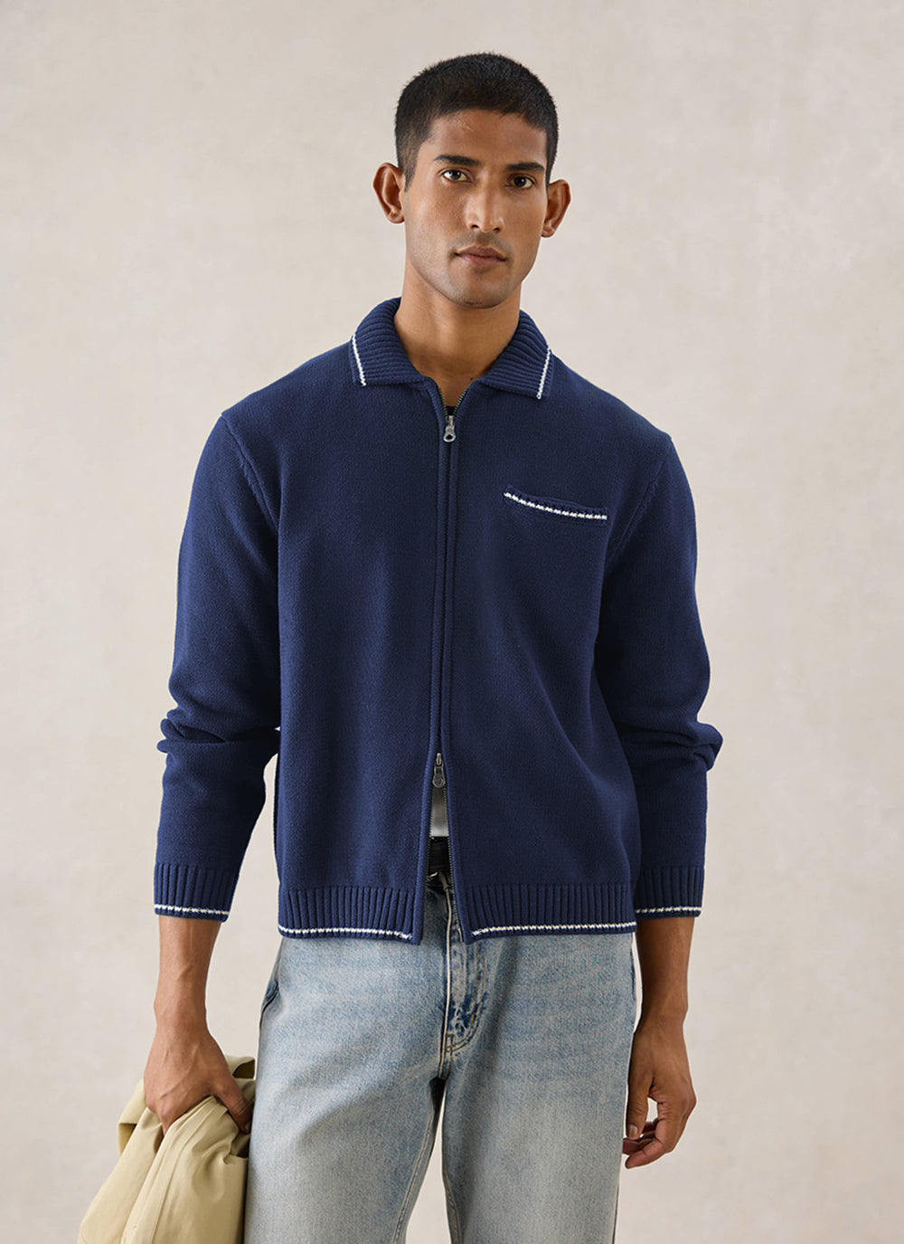 Gardner Cotton Zip Cardigan - Navy Blue | Percival